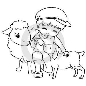 Coloring book child feeding sheeps vector