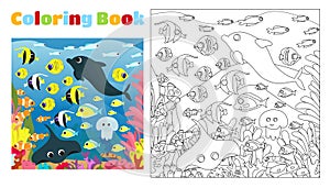 Coloring book for children from 4 to 11 years old. Rich underwater world and many fish, algae and plants.