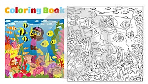 Coloring book for children from 4 to 11 years old. Under the water near the coral reefs, an aquadiver girl swims with fish.