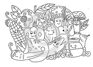 coloring book for children and adults, with illustrated vegetables and fruits