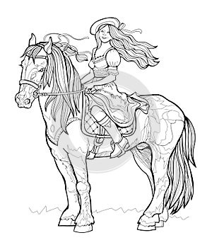 Coloring book for children and adults. Illustration of beautiful happy girl riding the horse. Printable page for drawing and