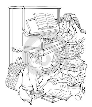 Coloring book for children and adults. Illustration of cute little girl playing piano for her cat. Printable page for drawing and