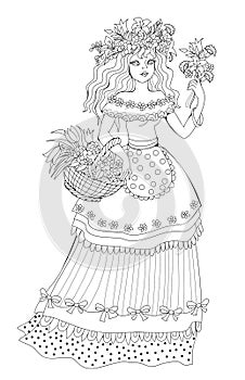 Coloring book for children and adults. Illustration of little cute girl with flower wreath picking flowers in spring garden.