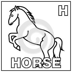 Coloring book for children. Alphabet h for horse. Vector illustration. Children coloring page with a picture of a horse