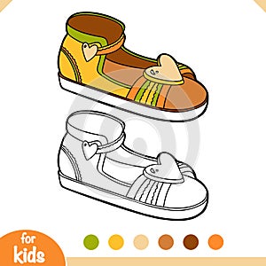 Coloring book for children. Kids sandal with heart sign