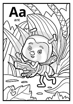 Coloring book, colorless alphabet. Letter A, ant