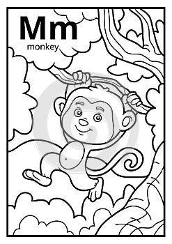 Coloring book, colorless alphabet. Letter M, monkey photo