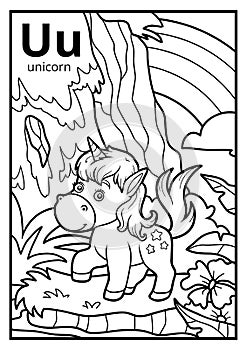 Coloring book, colorless alphabet. Letter U, unicorn