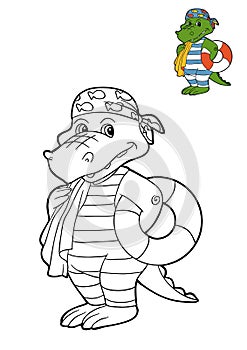 Coloring book for children, crocodile and lifebuoy