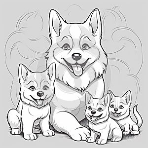 Coloring book for children cute adorable husky dog with puppies, black and white