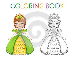 Coloring book for children. Cute little girl and princess in a green beautiful dress. Vector illustration in a cartoon