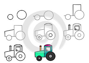 Coloring book for children. Drawing tutorial. How to draw a car. Tractor to be traced. Dot to dot educational g