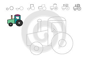 Coloring book for children. Drawing tutorial. How to draw a car. Tractor to be traced. Vector trace game. Dot to dot educational