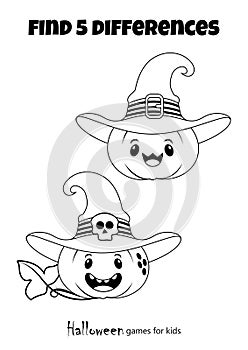 Coloring book for children. Find 5 differences, cute pumpkin, Halloween party