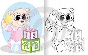 Coloring book for children. Forest animals collection. Cartoon cute bear with pajama and star
