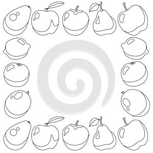 Coloring book for children in frame with set of fruits, white background