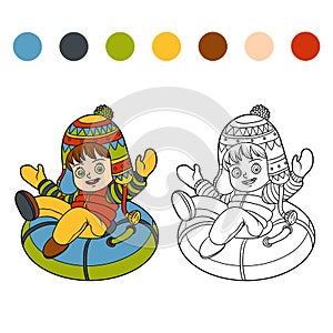 Coloring book for children, girl riding on the tubing