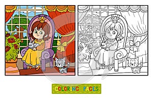 Coloring book for children. Little princess sitting on a throne