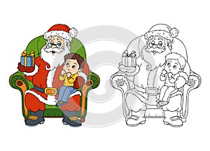 Coloring book for children: Santa Claus gives a gift a little boy
