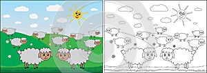 Coloring book for children. Sheep graze in the meadow, cartoon