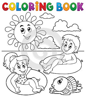 Coloring book children in swim rings 1