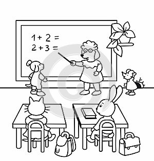 Coloring book for children, teacher dog teaching math to animals in class