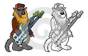 Coloring book for children: wolf and two-neck guitar
