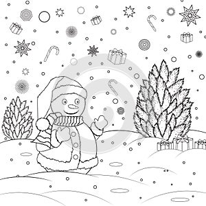 Coloring book for childrens. Snow with christmas tree. Black and white outline drawing