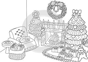 Coloring book, Coloring page of zentangle stylized Christmas tree,fireplace,armchair for Santa clause, Christmas wreath and presen