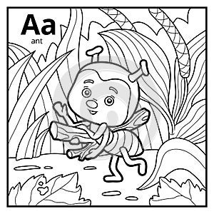 Coloring book, colorless alphabet. Letter A, ant photo