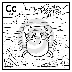 Coloring book, colorless alphabet. Letter C, crab