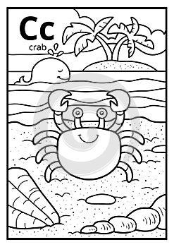 Coloring book, colorless alphabet. Letter C, crab