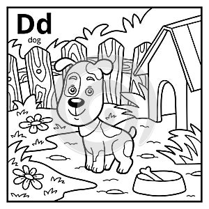 Coloring book, colorless alphabet. Letter D, dog