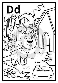 Coloring book, colorless alphabet. Letter D, dog