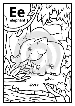 Coloring book, colorless alphabet. Letter E, elephant