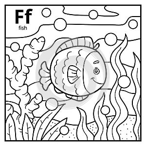 Coloring book, colorless alphabet. Letter F, fish