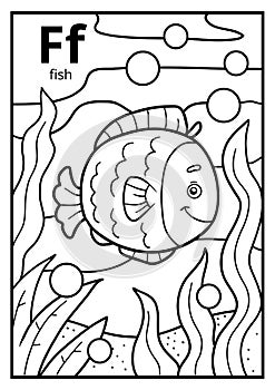 Coloring book, colorless alphabet. Letter F, fish photo
