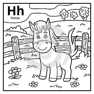 Coloring book, colorless alphabet. Letter H, horse photo