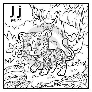 Coloring book, colorless alphabet. Letter J, jaguar