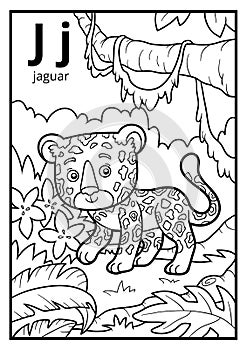 Coloring book, colorless alphabet. Letter J, jaguar photo