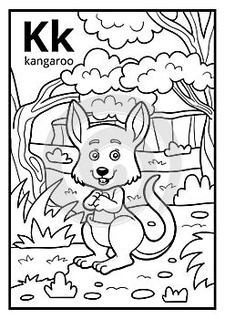 Coloring book, colorless alphabet. Letter K, kangaroo