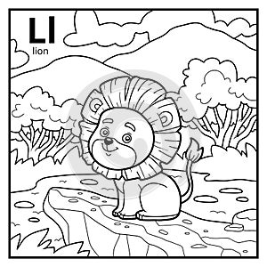 Coloring book, colorless alphabet. Letter L, lion