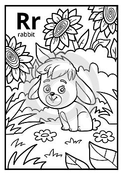 Coloring book, colorless alphabet. Letter R, rabbit