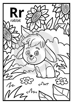 Coloring book, colorless alphabet. Letter R, rabbit photo