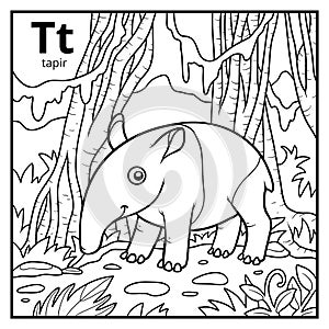 Coloring book, colorless alphabet. Letter T, tapir