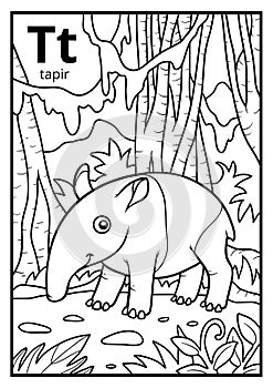 Coloring book, colorless alphabet. Letter T, tapir