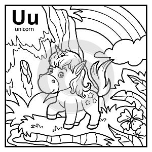 Coloring book, colorless alphabet. Letter U, unicorn