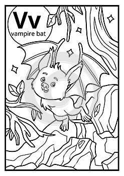 Coloring book, colorless alphabet. Letter V, vampire bat