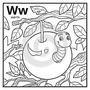 Coloring book, colorless alphabet. Letter W, worm