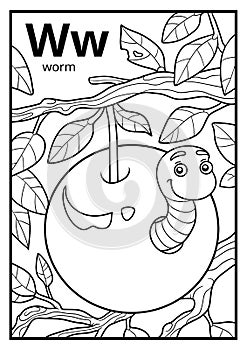 Coloring book, colorless alphabet. Letter W, worm